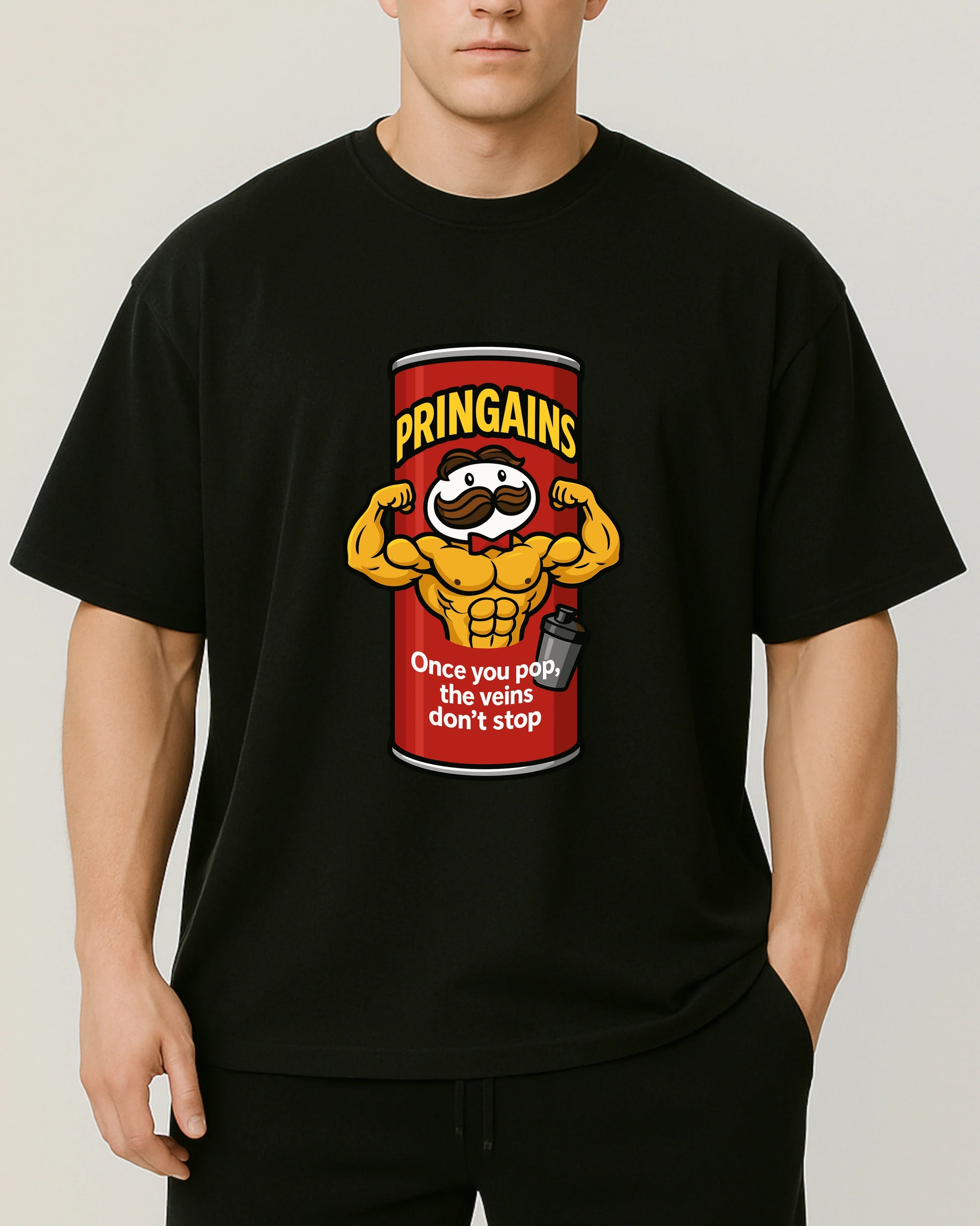 PRINGAINS Oversize Pumpcover Shirt in Schwarz – lustiges Gymshirt mit Spruch „Once you pop, the veins don’t stop“