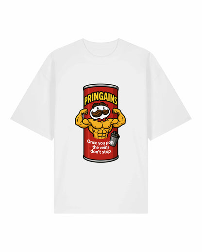 PRINGAINS Oversize Pumpcover Shirt in Weiß – Funny Gymwear mit Bodybuilding Print