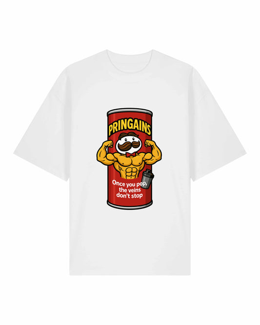 PRINGAINS Oversize Pumpcover Shirt in Weiß – Funny Gymwear mit Bodybuilding Print