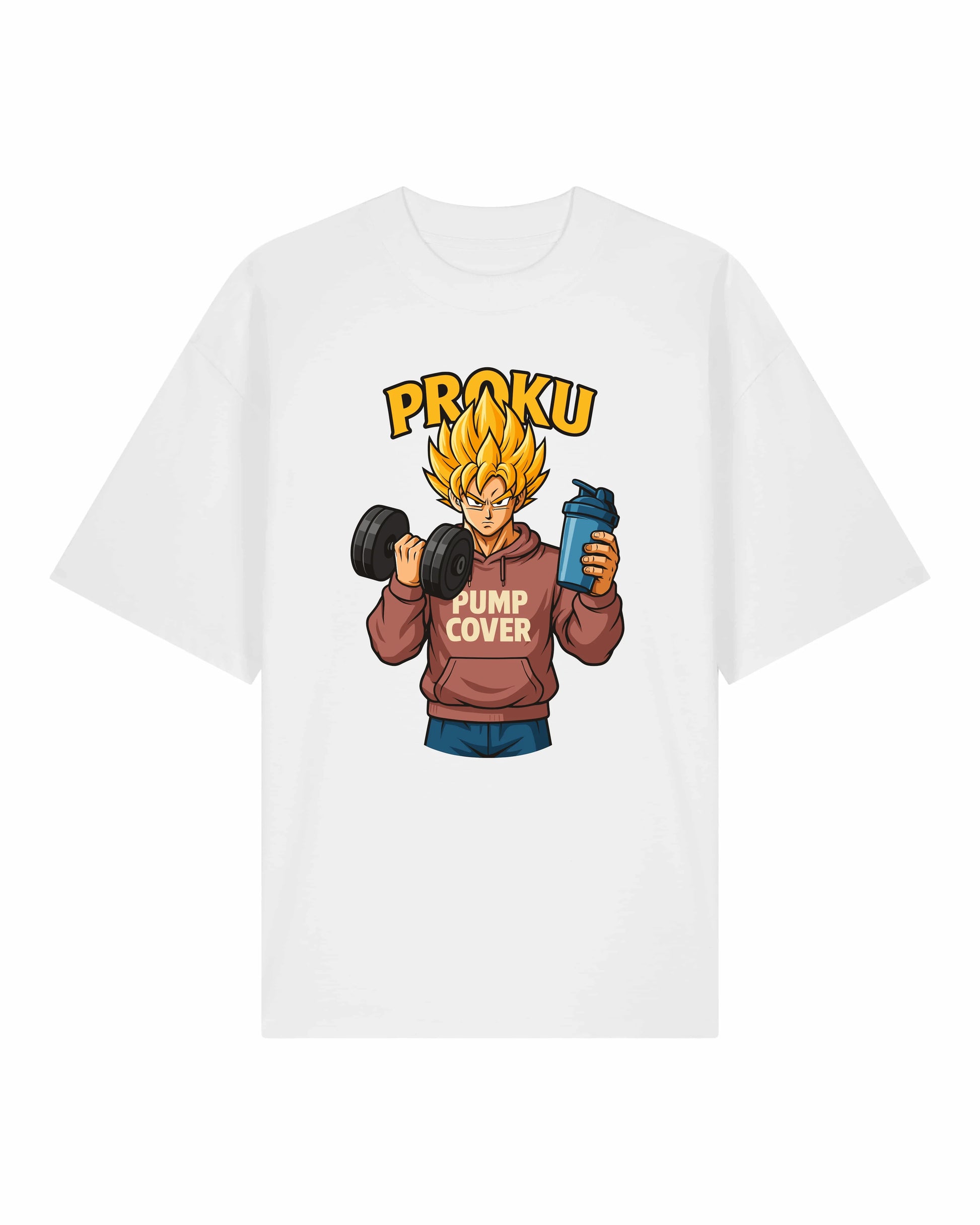 Proku Pump Cover Shirt Weiß – Lustiges Fitness Oversized T-Shirt von Teeflix
