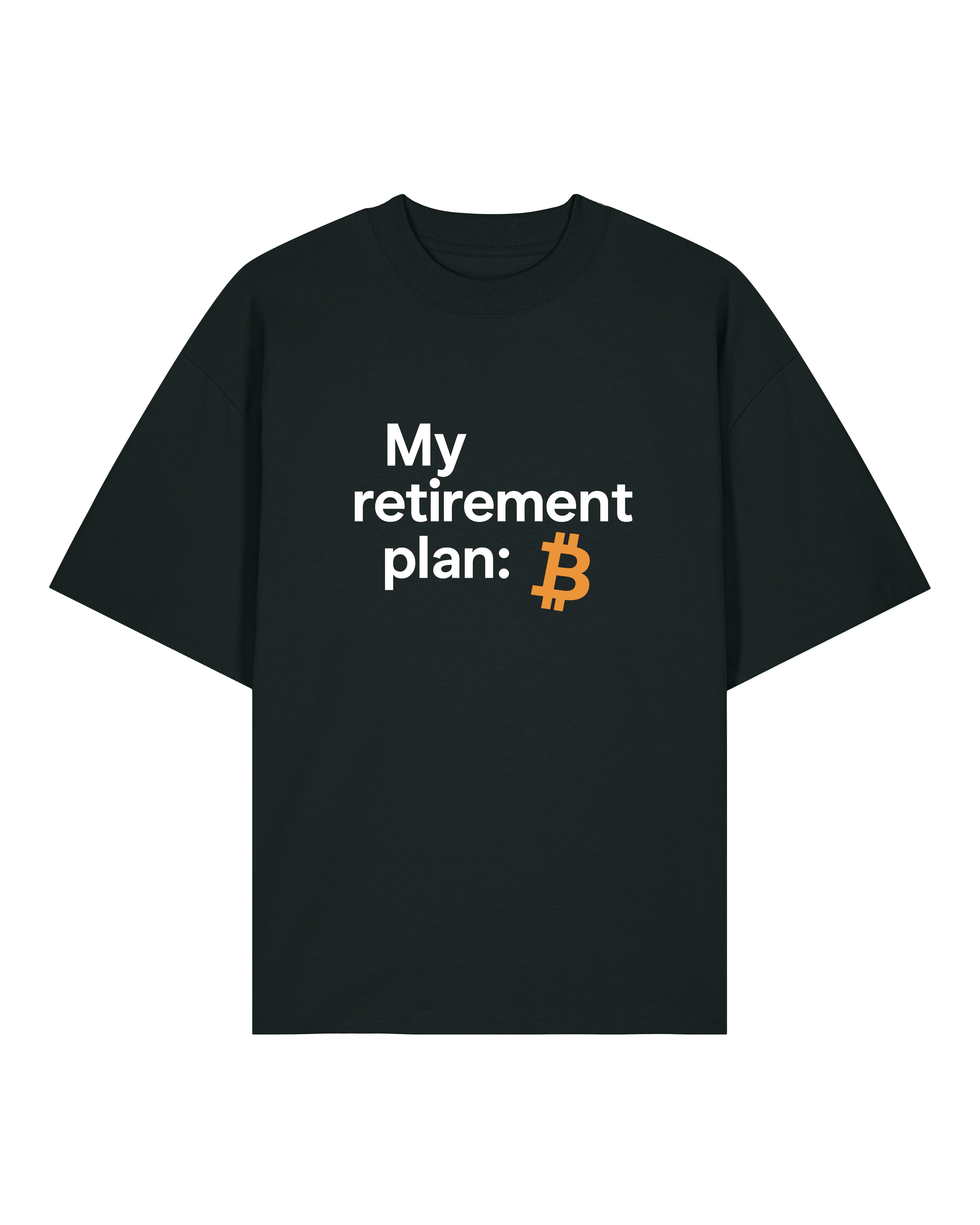 Oversized Schwarzes Bitcoin Shirt – Ruhestandsplan in BTC Statement auf weichem Unisex Tee