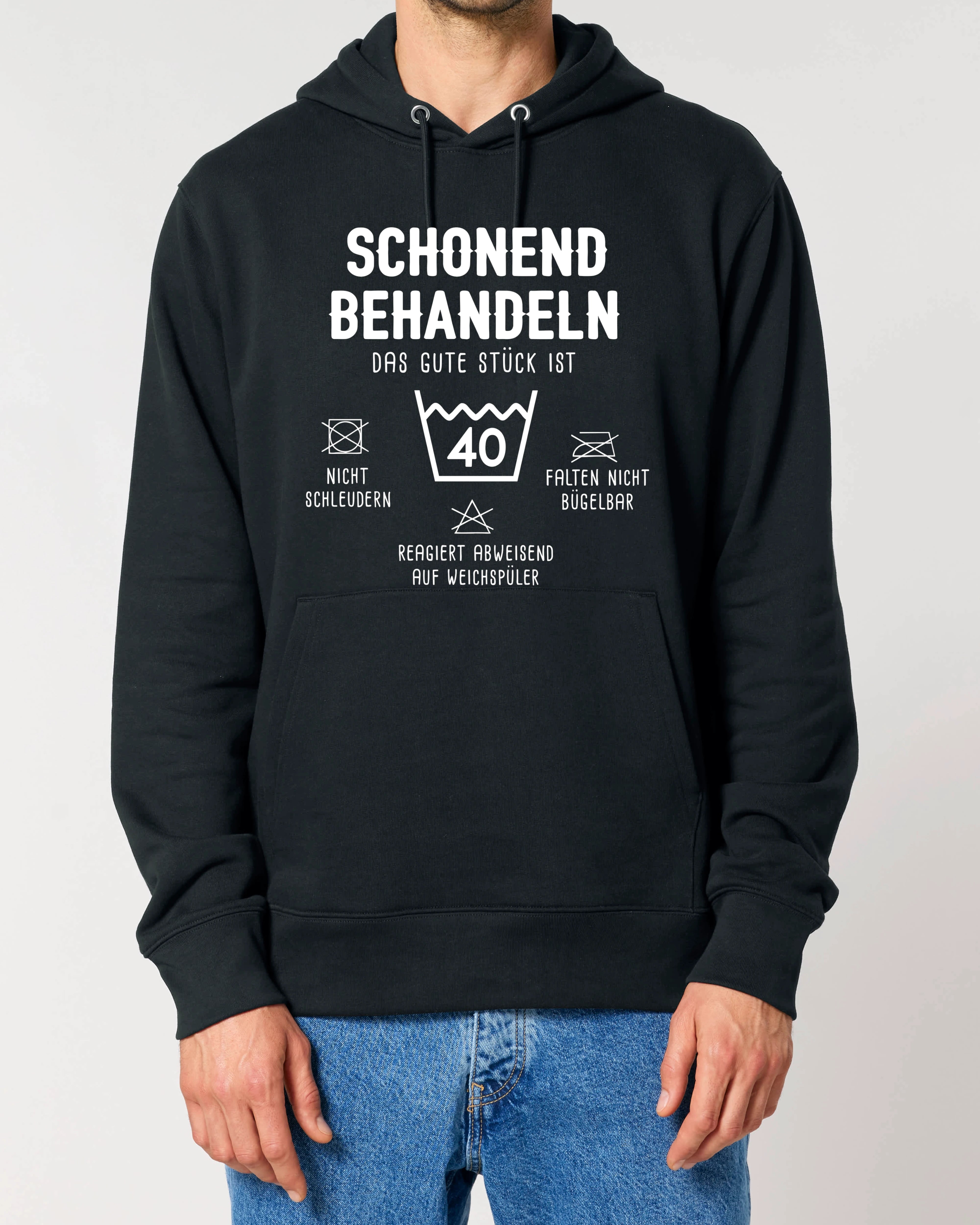 Schwarzer Hoodie mit Spruch „Schonend Behandeln“ – personalisierbar zum Geburtstag