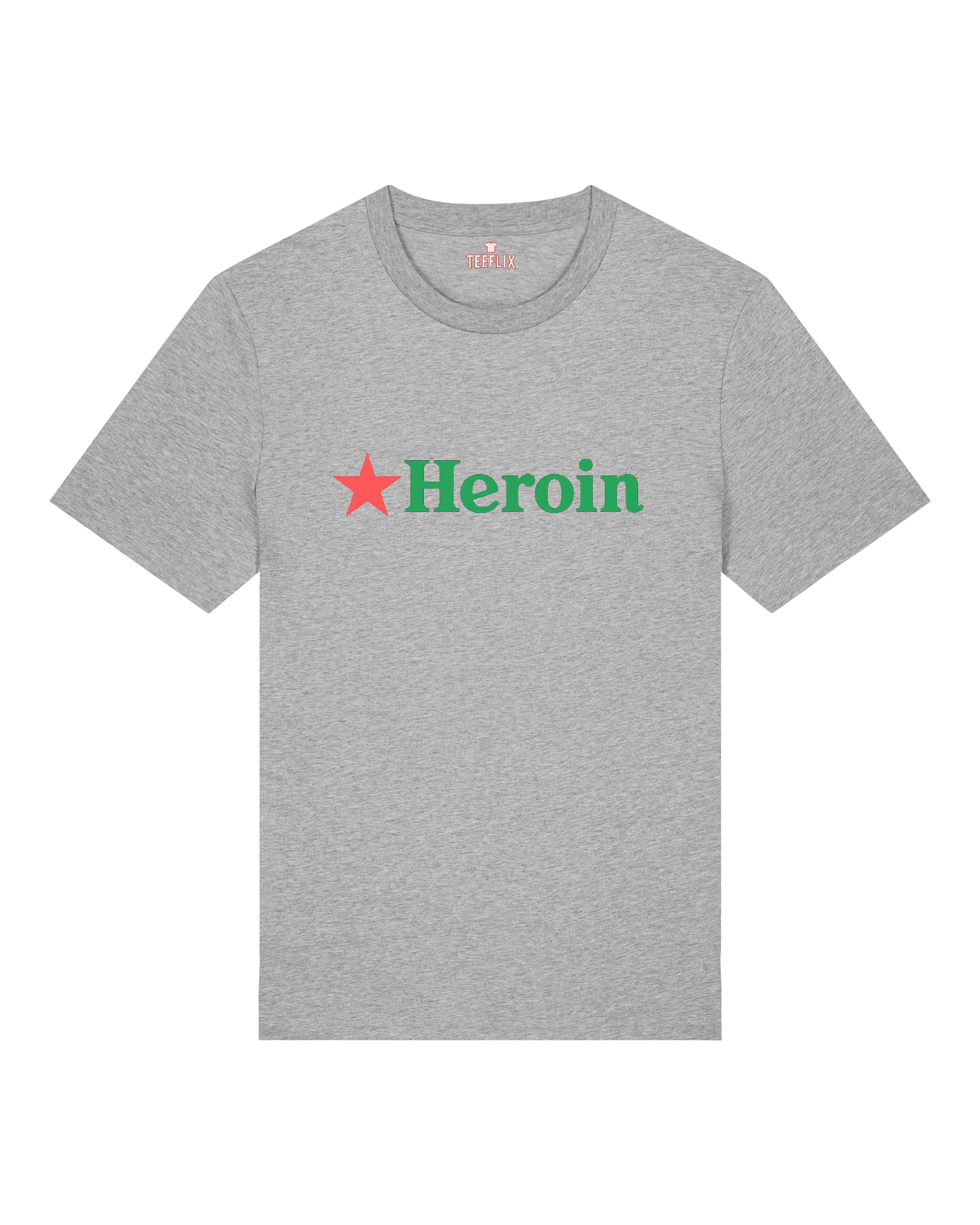 Graues Satire-Shirt im Heineken-Stil mit provokantem „Heroin“-Design