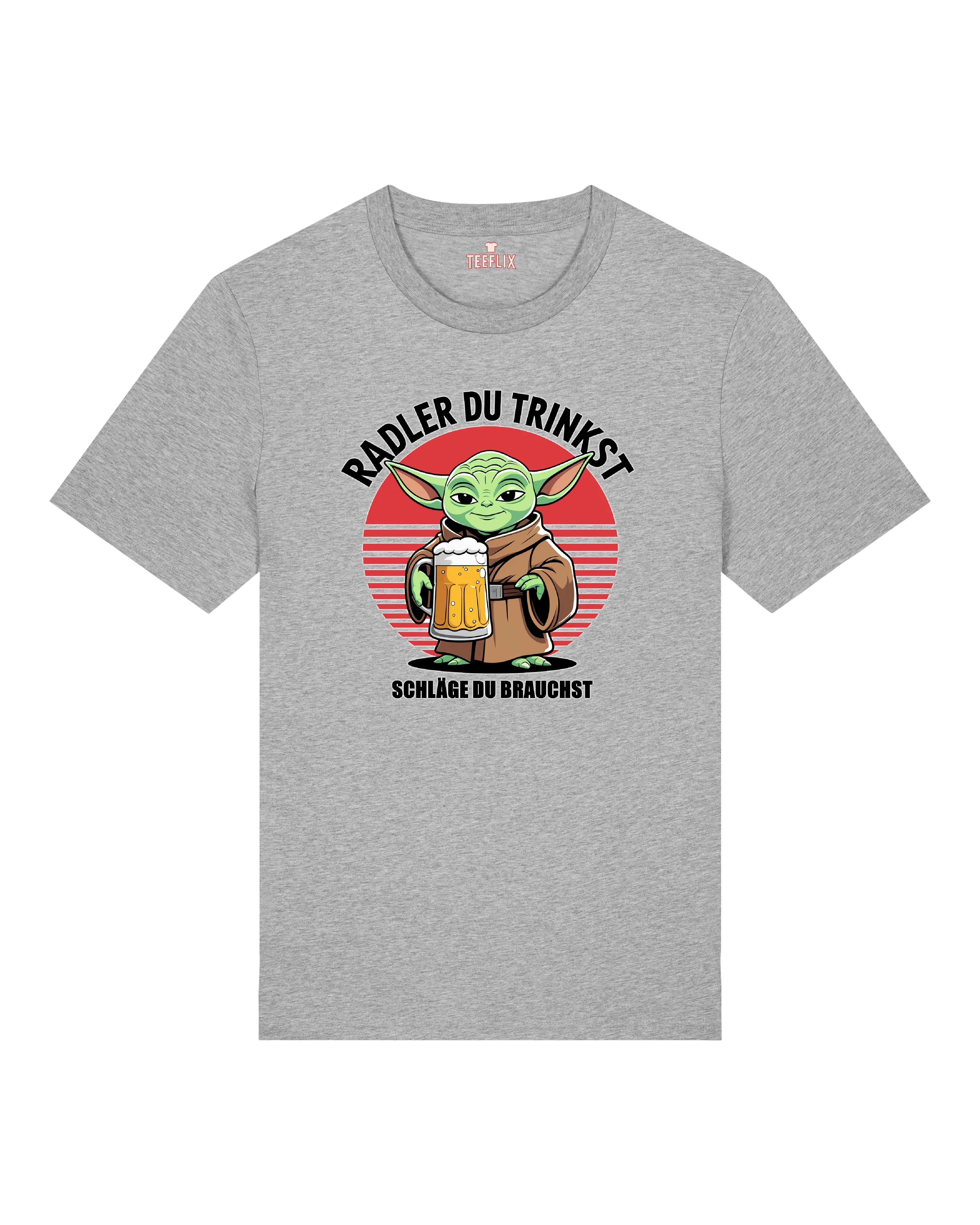 Graues T-Shirt mit kultigem Bier-Spruch und Cartoon-Meister mit Maßkrug