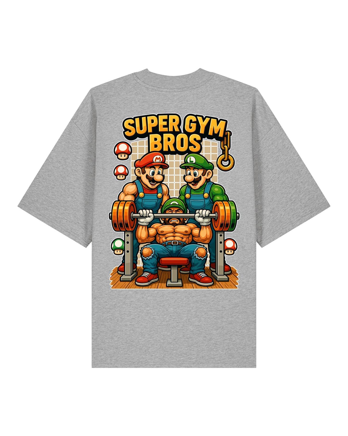 Graues Oversize Pump Cover Super Gym Bros – Lustiges Gym Shirt
