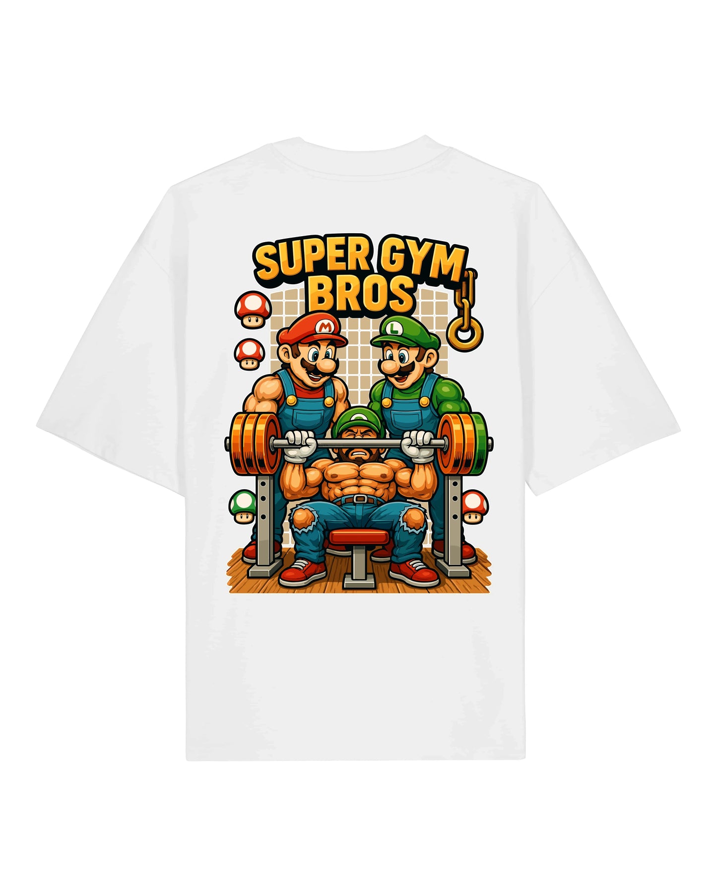 Weißes Super Gym Bros T-Shirt – Nerdy Fitness Shirt von Teeflix