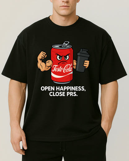 Testo Cola Oversize Pumpcover Shirt in Schwarz – lustiges Gymshirt mit Spruch „Open happiness, close PRs“