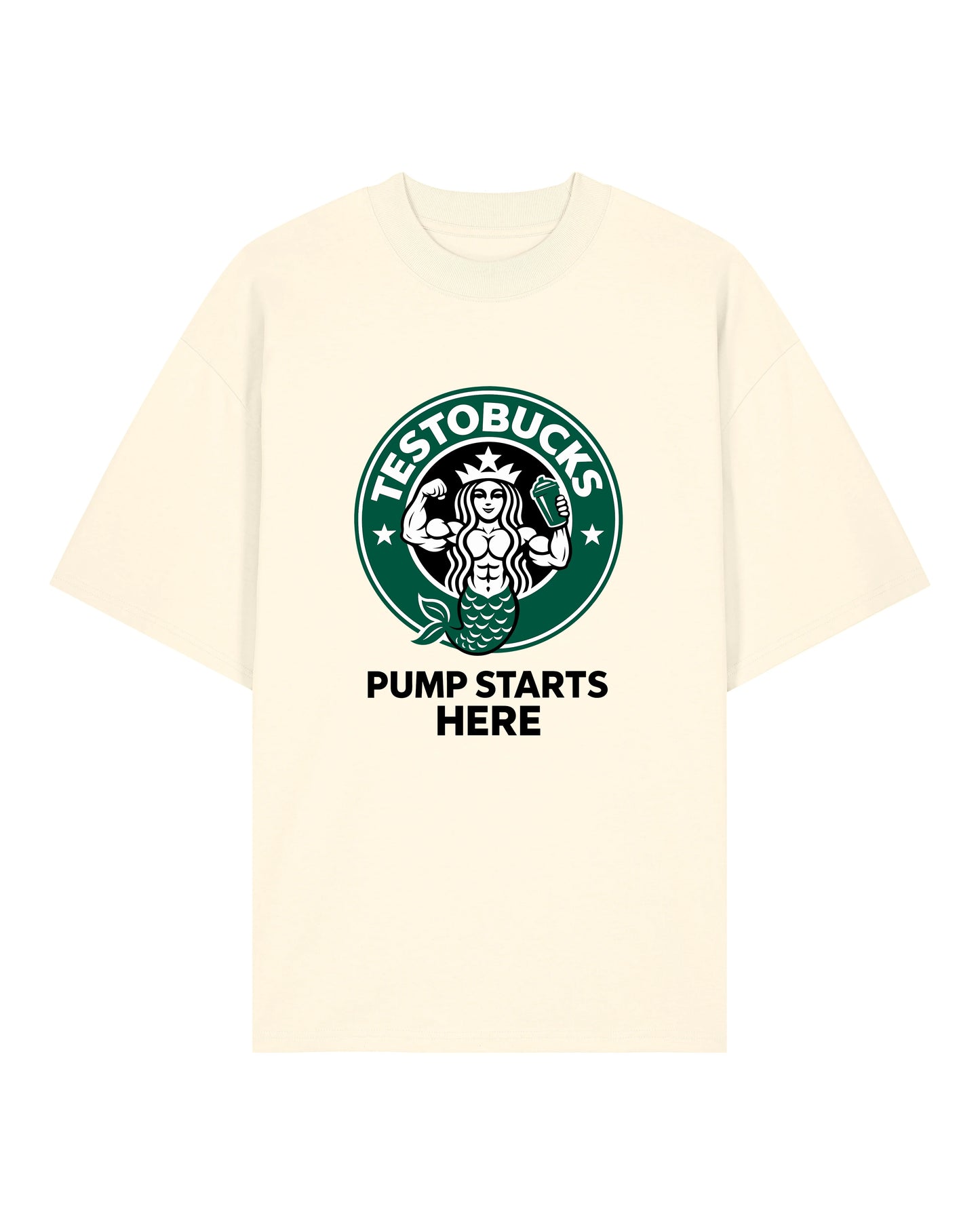 TESTOBUCKS Oversize Pumpcover Shirt in Natur – Lustiges Gymshirt mit kultigem Parodie-Aufdruck