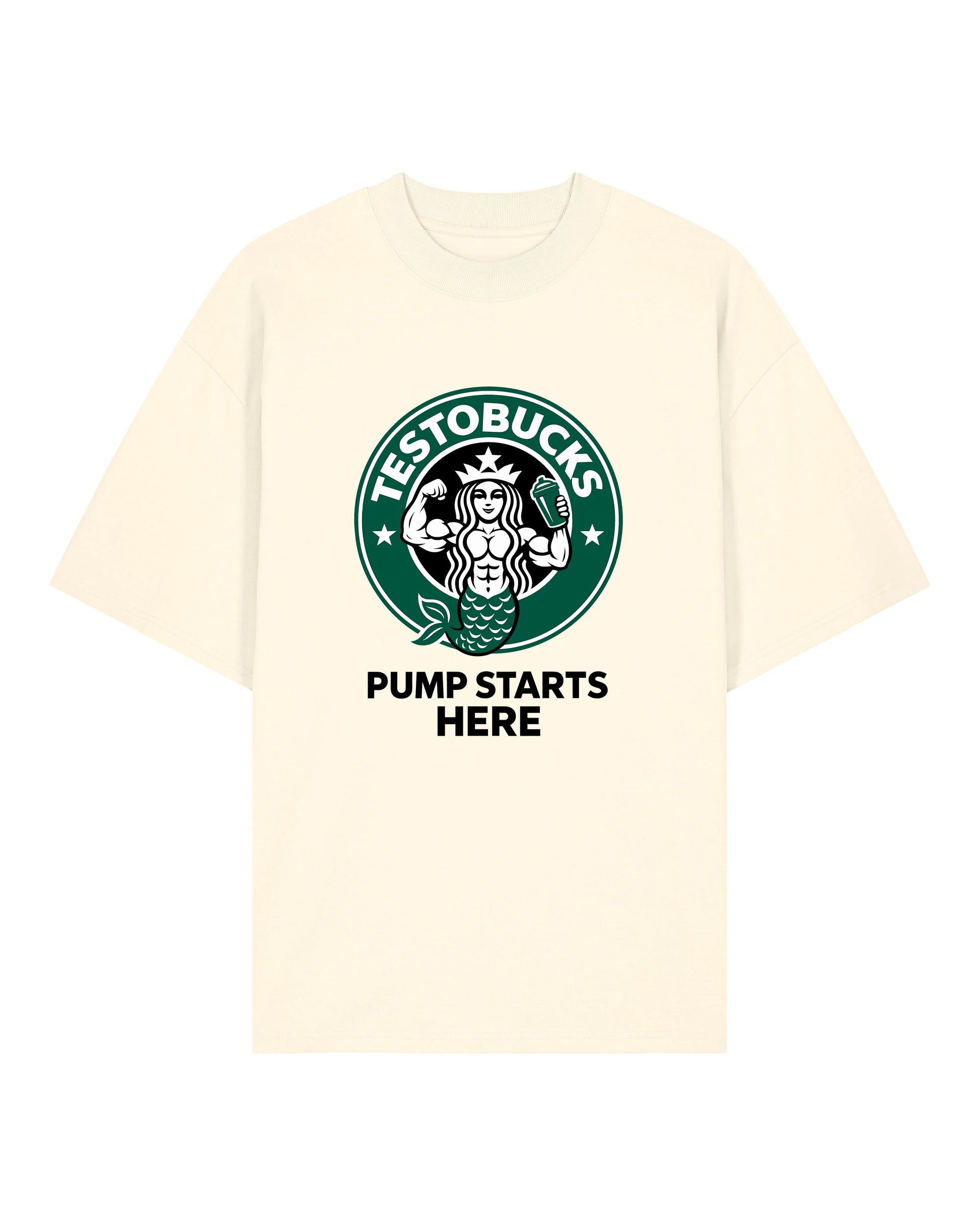 TESTOBUCKS Oversize Pumpcover Shirt in Natur – Lustiges Gymshirt mit kultigem Parodie-Aufdruck