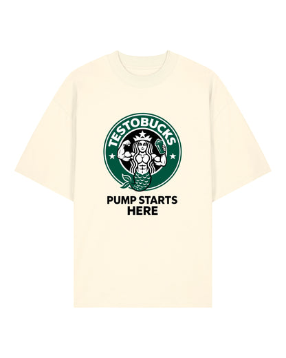 TESTOBUCKS Oversize Pumpcover Shirt in Natur – Lustiges Gymshirt mit kultigem Parodie-Aufdruck