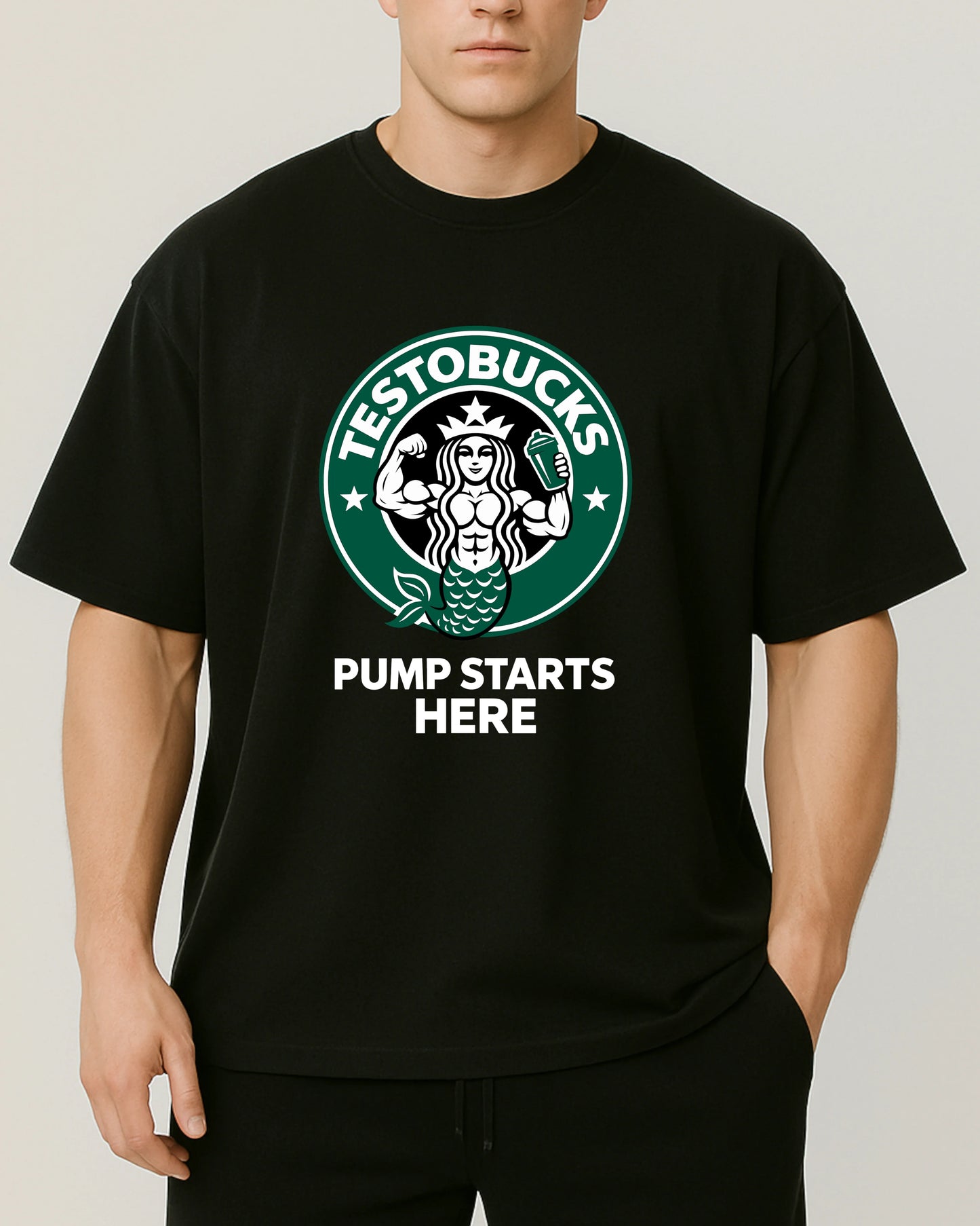 TESTOBUCKS Oversize Pumpcover Shirt in Schwarz – lustiges Gymshirt mit Spruch „Pump Starts Here“
