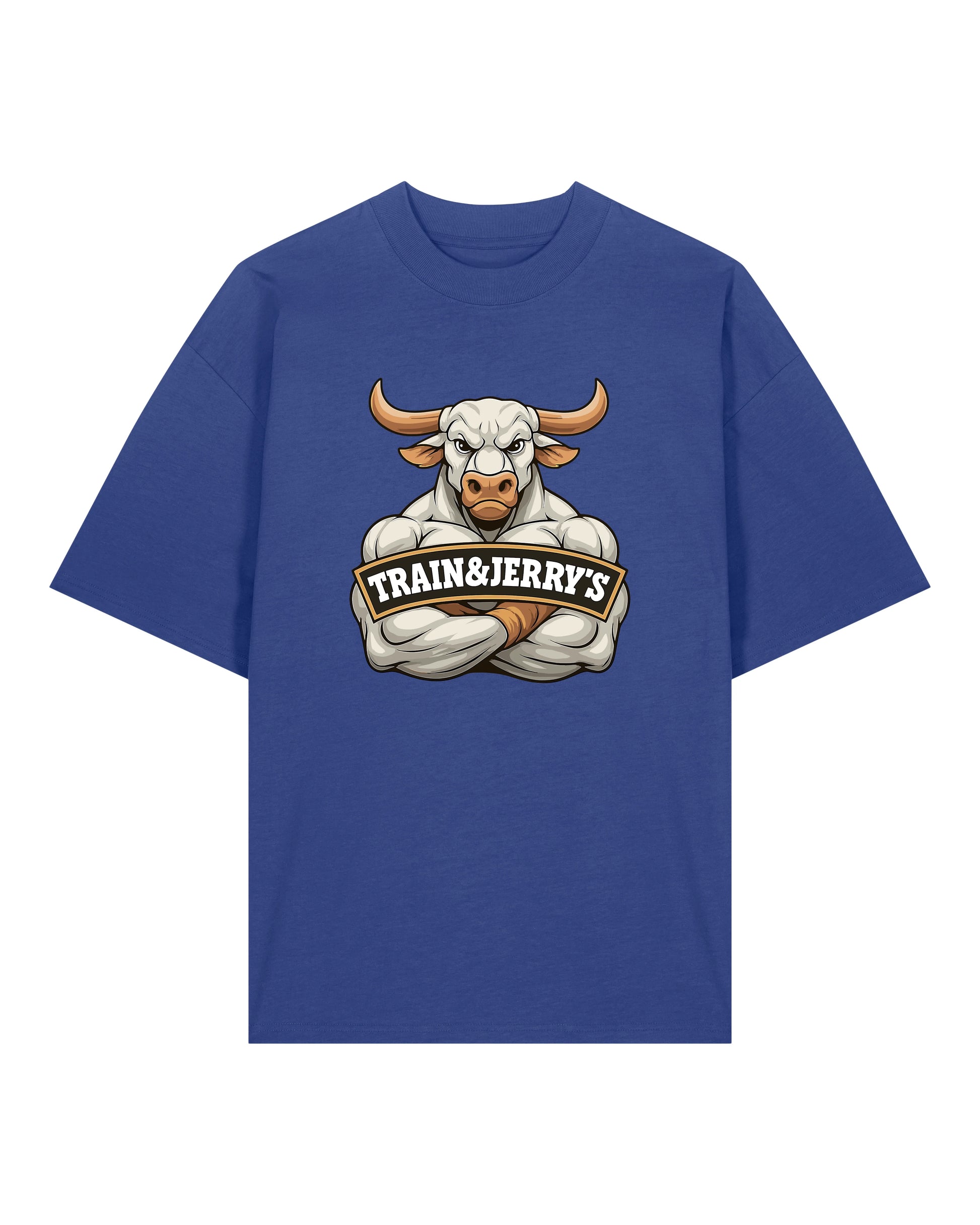 Train & Jerry’s Bull Gym Pump Cover Shirt blau Oversized 100% Bio-Baumwolle Teeflix – lustiges sportshirt, gym shirt männer, fitness fun shirt