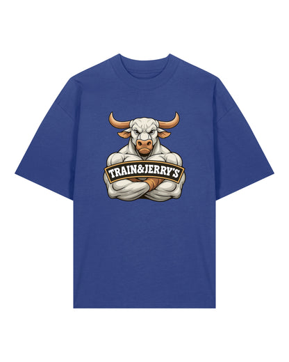 Train & Jerry’s Bull Gym Pump Cover Shirt blau Oversized 100% Bio-Baumwolle Teeflix – lustiges sportshirt, gym shirt männer, fitness fun shirt