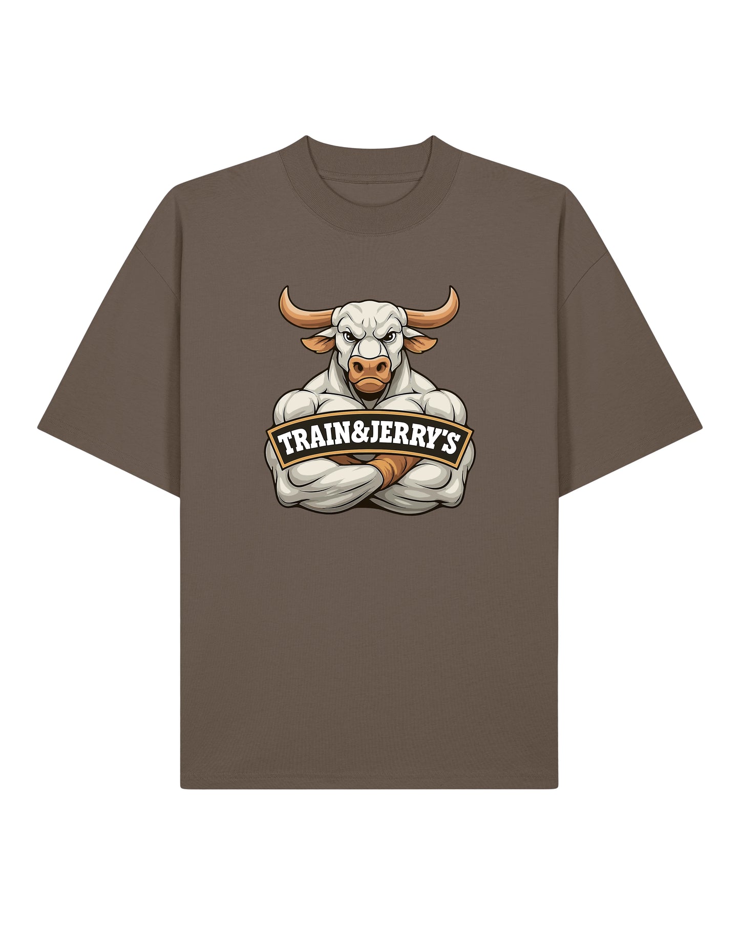 Train & Jerry’s Bull Gym Pump Cover Shirt braun Oversized 100% Bio-Baumwolle Teeflix – gym shirt, pump cover, fitness shirt, bodybuilding shirt