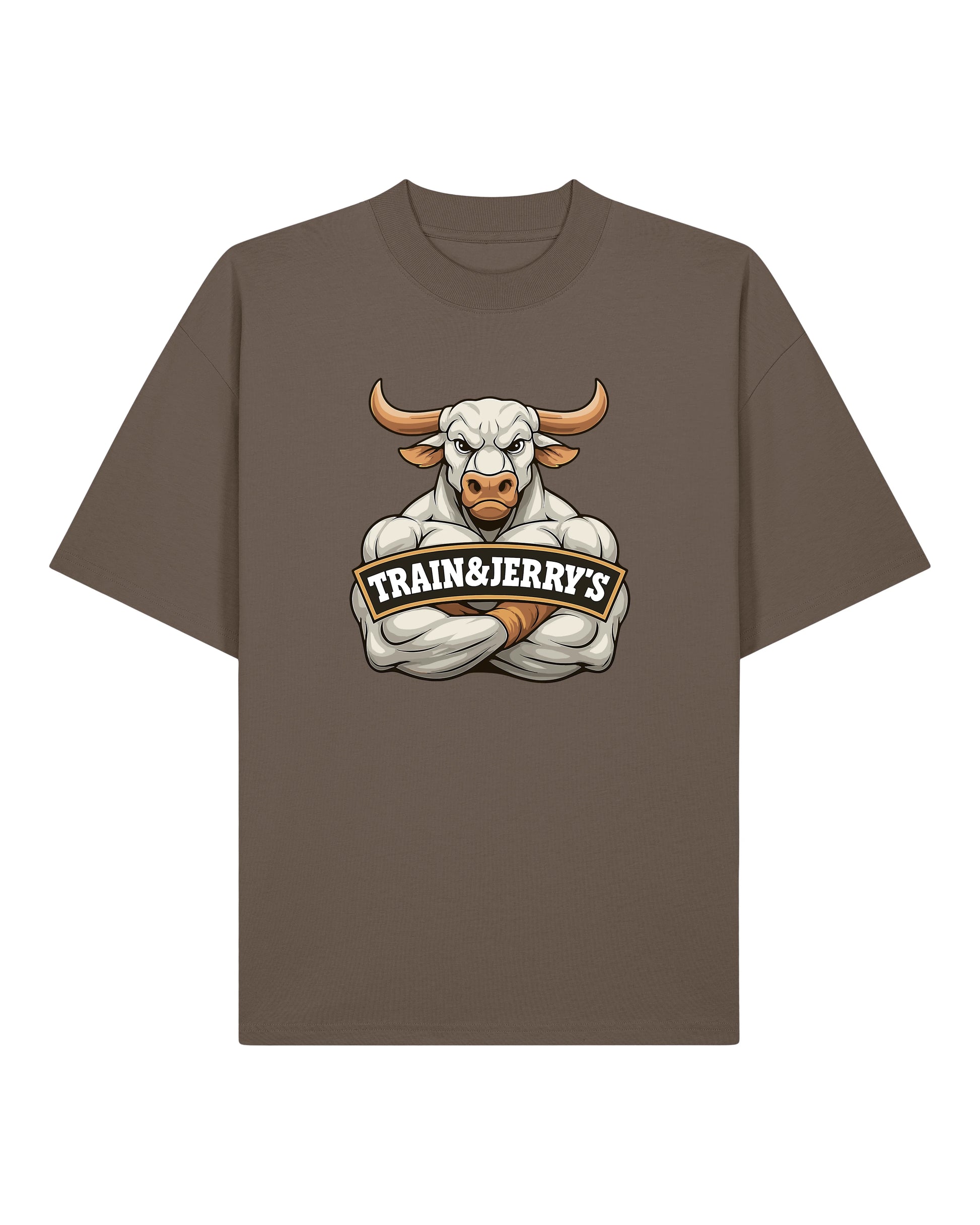 Train & Jerry’s Bull Gym Pump Cover Shirt braun Oversized 100% Bio-Baumwolle Teeflix – gym shirt, pump cover, fitness shirt, bodybuilding shirt