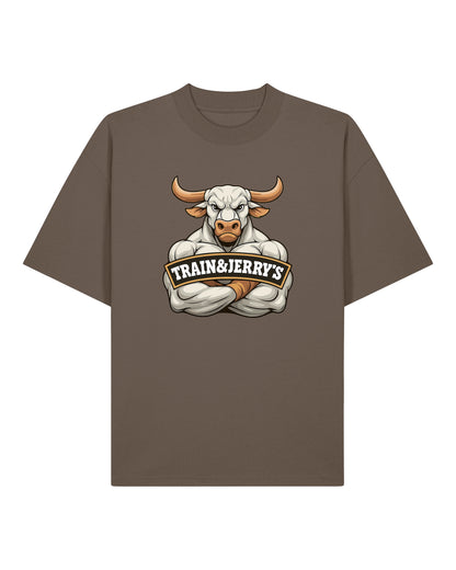 Train & Jerry’s Bull Gym Pump Cover Shirt braun Oversized 100% Bio-Baumwolle Teeflix – gym shirt, pump cover, fitness shirt, bodybuilding shirt