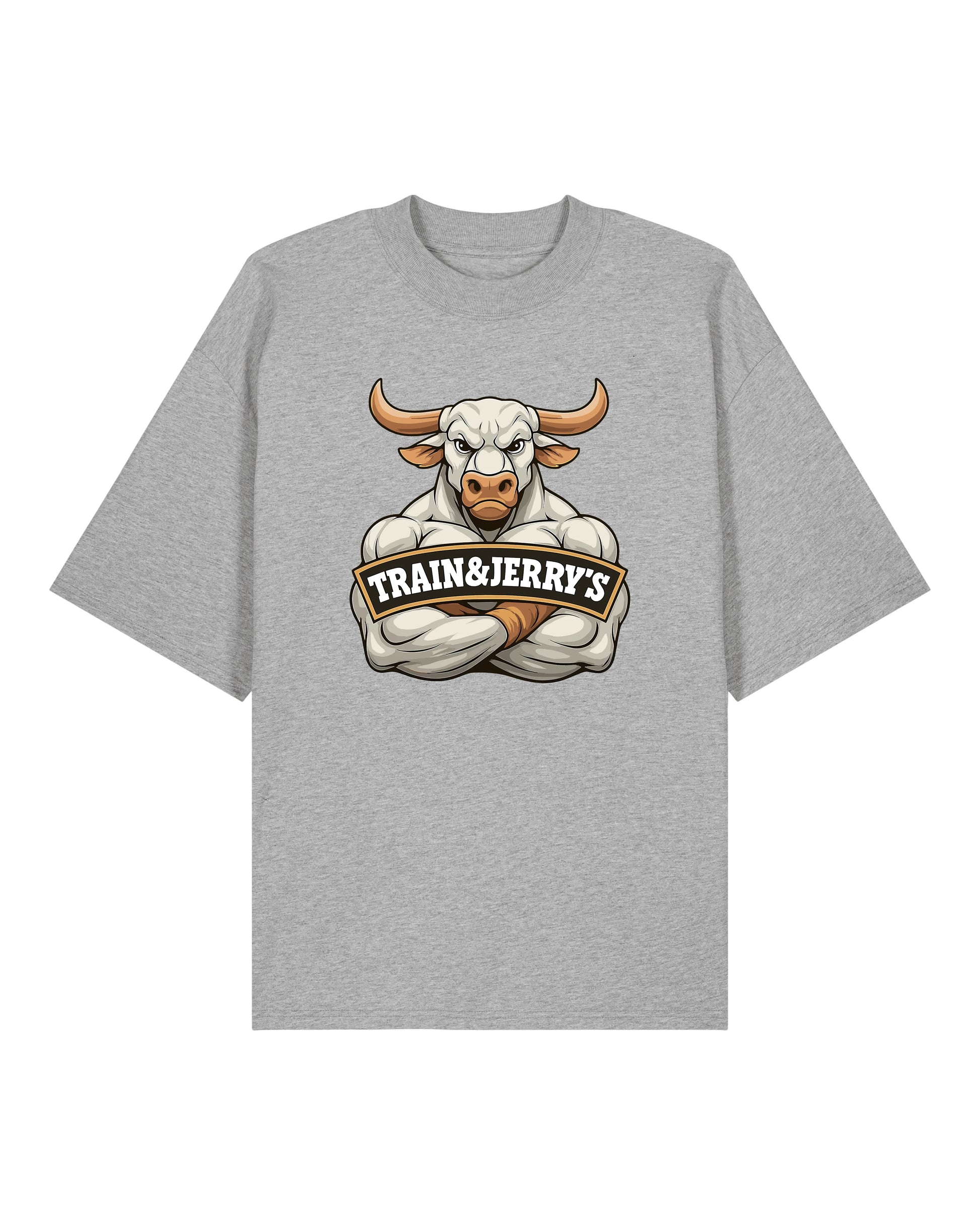 Train & Jerry’s Bull Gym Pump Cover Shirt grau Oversized 100% Bio-Baumwolle Teeflix – trainingsshirt oversized, pump cover shirt, gym fan shirt