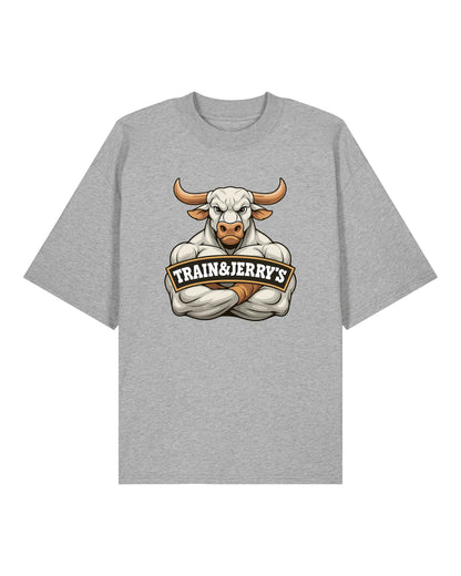 Train & Jerry’s Bull Gym Pump Cover Shirt grau Oversized 100% Bio-Baumwolle Teeflix – trainingsshirt oversized, pump cover shirt, gym fan shirt