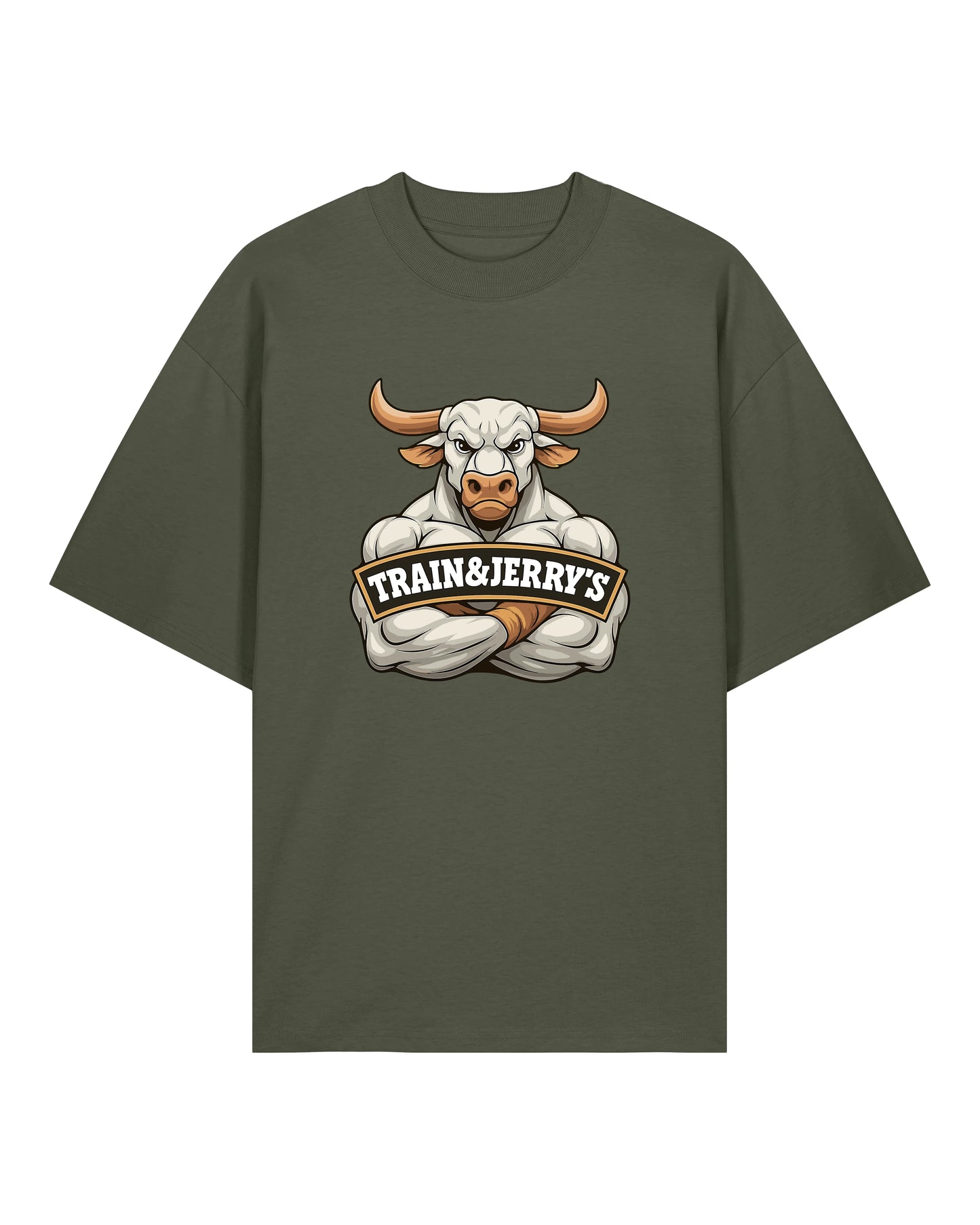 Train & Jerry’s Bull Gym Pump Cover Shirt olivgrün Oversized 100% Bio-Baumwolle Teeflix – gym shirt, pump cover, fitness shirt, workout shirt
