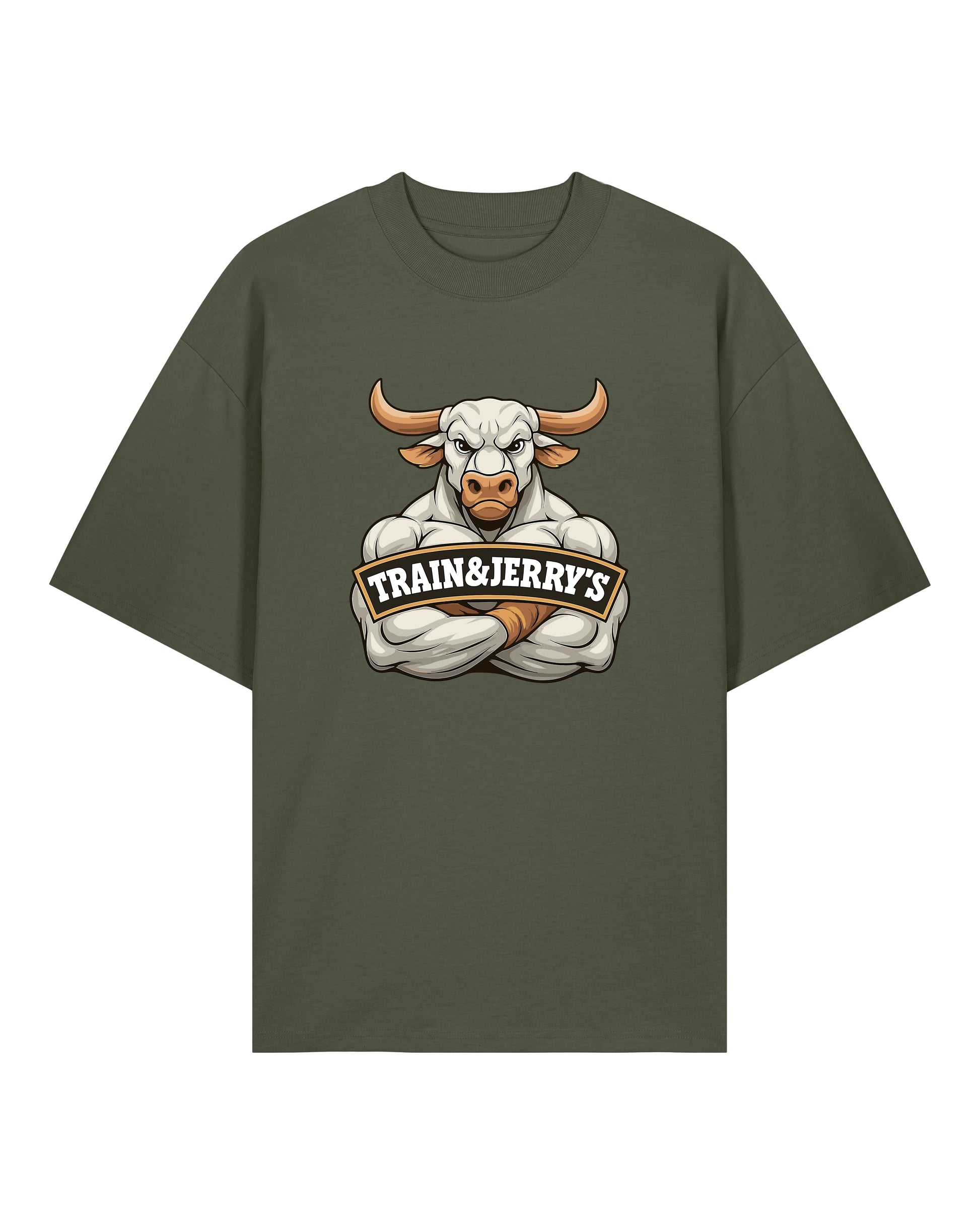 Train & Jerry’s Bull Gym Pump Cover Shirt olivgrün Oversized 100% Bio-Baumwolle Teeflix – gym shirt, pump cover, fitness shirt, workout shirt