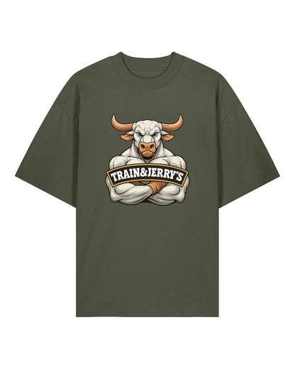 Train & Jerry’s Bull Gym Pump Cover Shirt olivgrün Oversized 100% Bio-Baumwolle Teeflix – gym shirt, pump cover, fitness shirt, workout shirt
