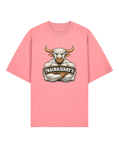 Train & Jerry’s Bull Gym Pump Cover Shirt pink Oversized 100% Bio-Baumwolle Teeflix – lustiges gym shirt, pump cover, sportshirt herren, unisex shirt
