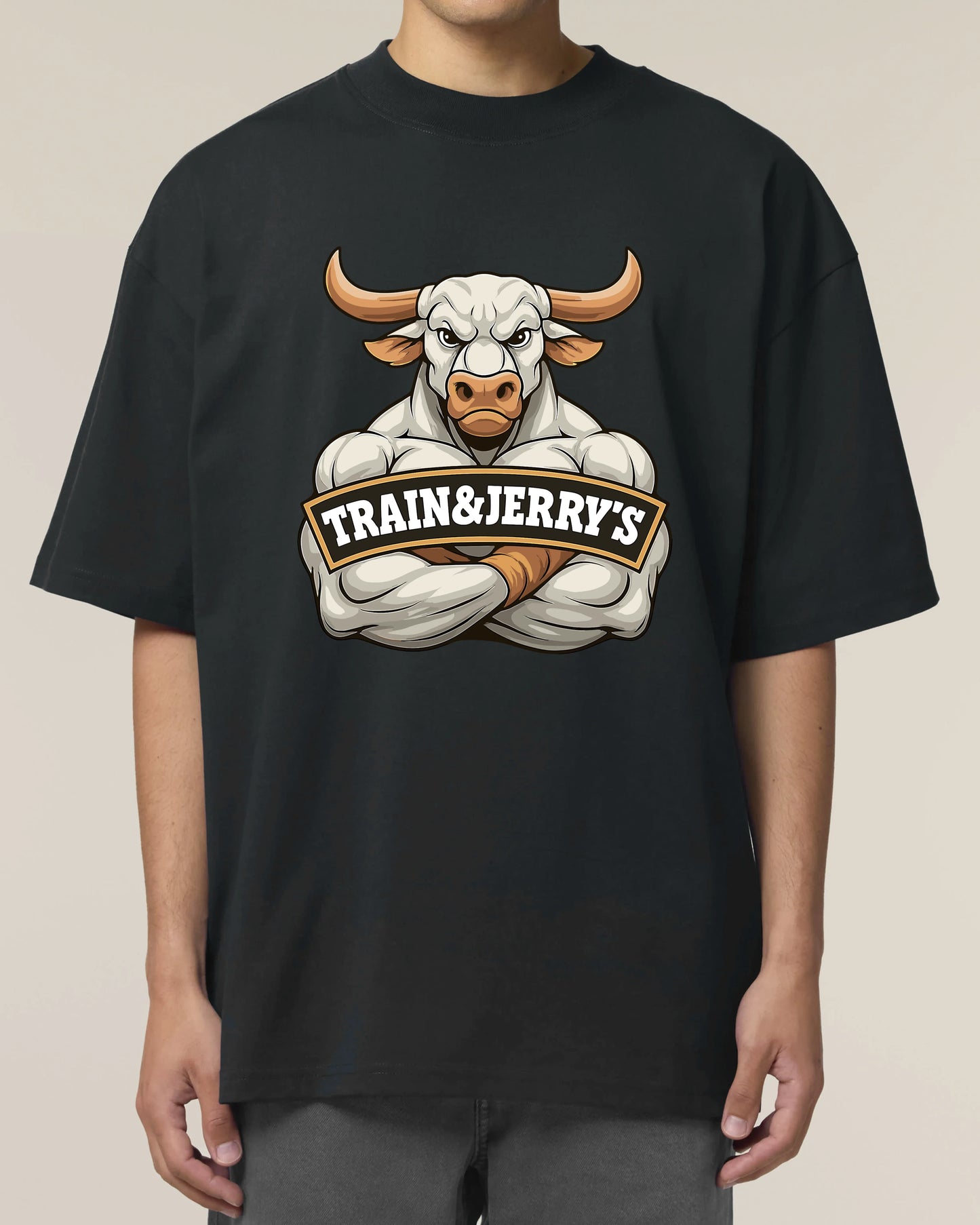 Train & Jerry’s Bull Gym Pump Cover Shirt schwarz Oversized 100% Bio-Baumwolle Teeflix – fitness shirt männer, pump cover shirt, bodybuilding shirt