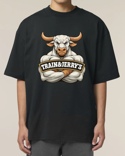 Train & Jerry’s Bull Gym Pump Cover Shirt schwarz Oversized 100% Bio-Baumwolle Teeflix – fitness shirt männer, pump cover shirt, bodybuilding shirt