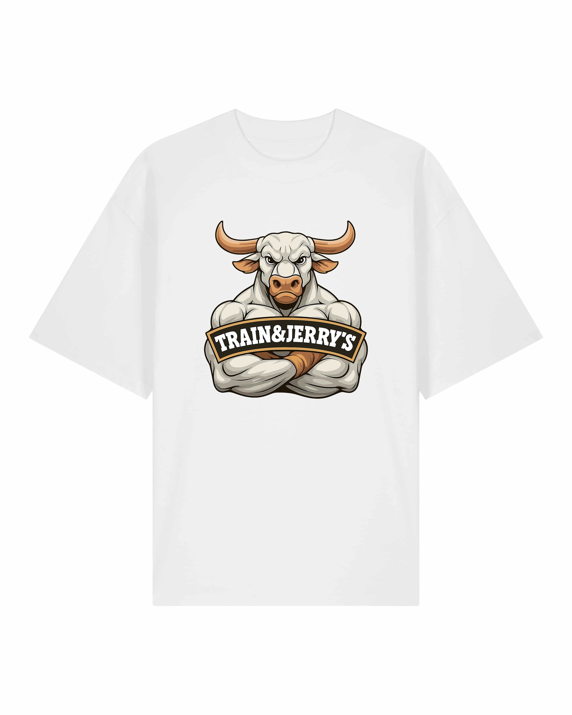 Train & Jerry’s Bull Gym Pump Cover Shirt weiß Oversized 100% Bio-Baumwolle Teeflix – gym t-shirt deutsch, sportshirt herren, pump t-shirt, workout shirt