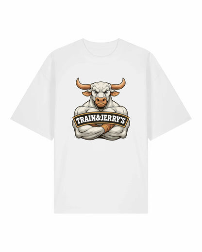 Train & Jerry’s Bull Gym Pump Cover Shirt weiß Oversized 100% Bio-Baumwolle Teeflix – gym t-shirt deutsch, sportshirt herren, pump t-shirt, workout shirt