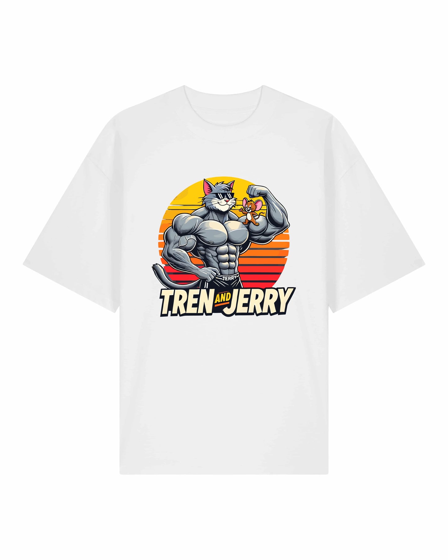 Tren and Jerry Pump Cover Shirt in Weiß – Cartoon Pump Cover T-Shirt für Gym Fans