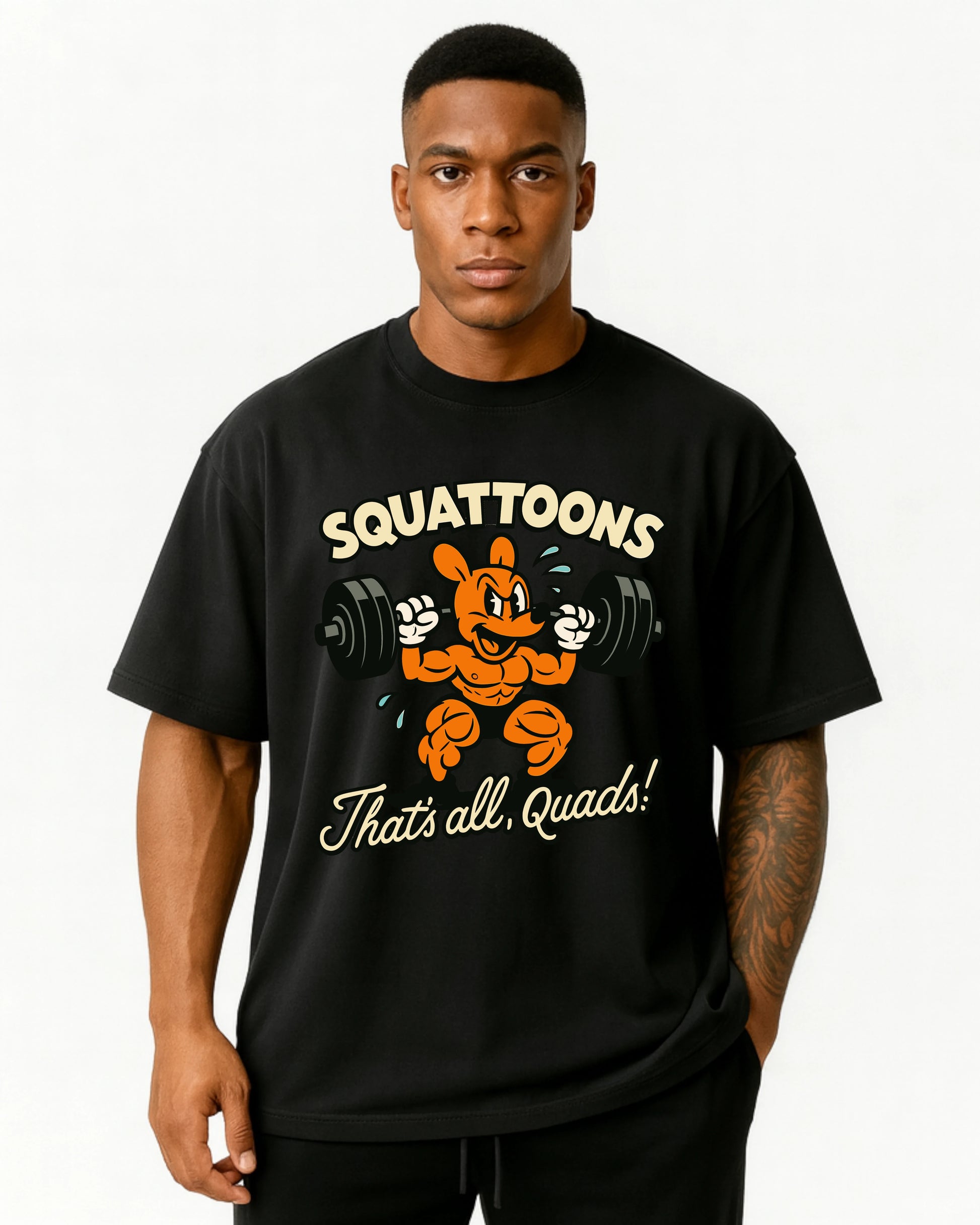 Funny Oversized Pumpcover mit Cartoon-Lifter im Squat-Style. Perfekt für Leg Day Warriors und Quad-Addicts. GhostGym Gymwear.