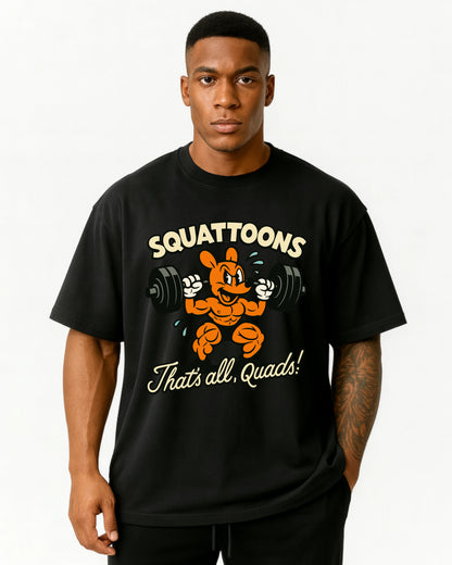 Funny Oversized Pumpcover mit Cartoon-Lifter im Squat-Style. Perfekt für Leg Day Warriors und Quad-Addicts. GhostGym Gymwear.