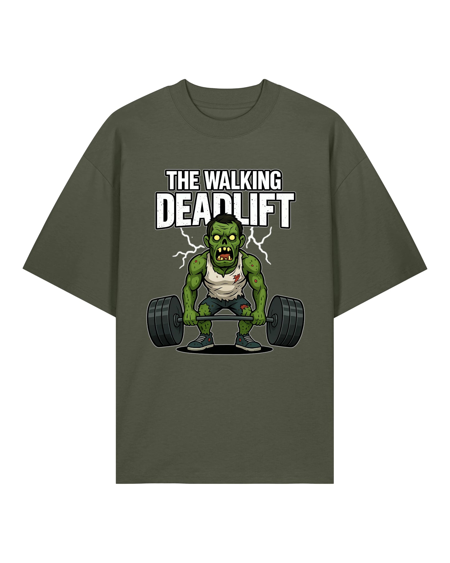 Oversized Gym Shirt „The Walking Deadlift“ in Armygrün – Pump Cover Shirt von Teeflix aus 100% Bio-Baumwolle, Bodybuilding Fun Shirt