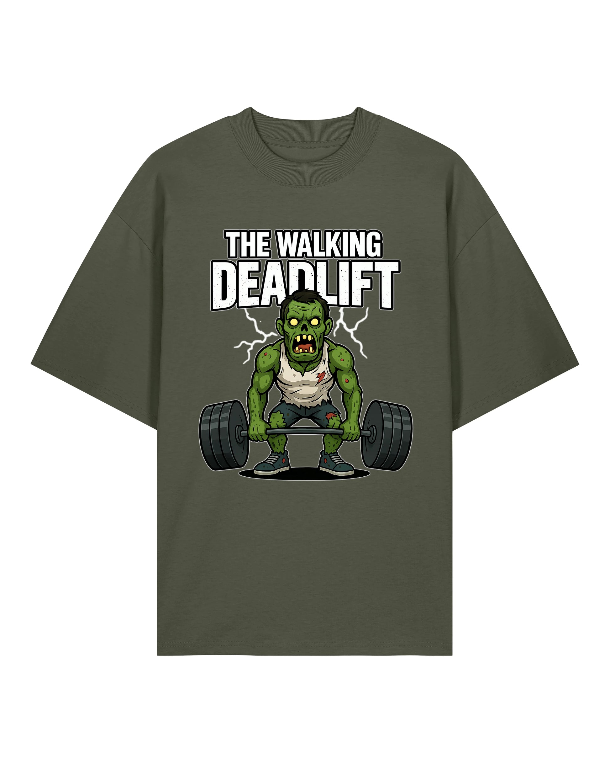 Oversized Gym Shirt „The Walking Deadlift“ in Armygrün – Pump Cover Shirt von Teeflix aus 100% Bio-Baumwolle, Bodybuilding Fun Shirt