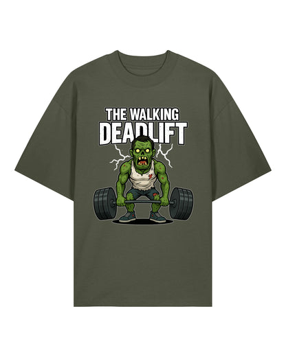 Oversized Gym Shirt „The Walking Deadlift“ in Armygrün – Pump Cover Shirt von Teeflix aus 100% Bio-Baumwolle, Bodybuilding Fun Shirt