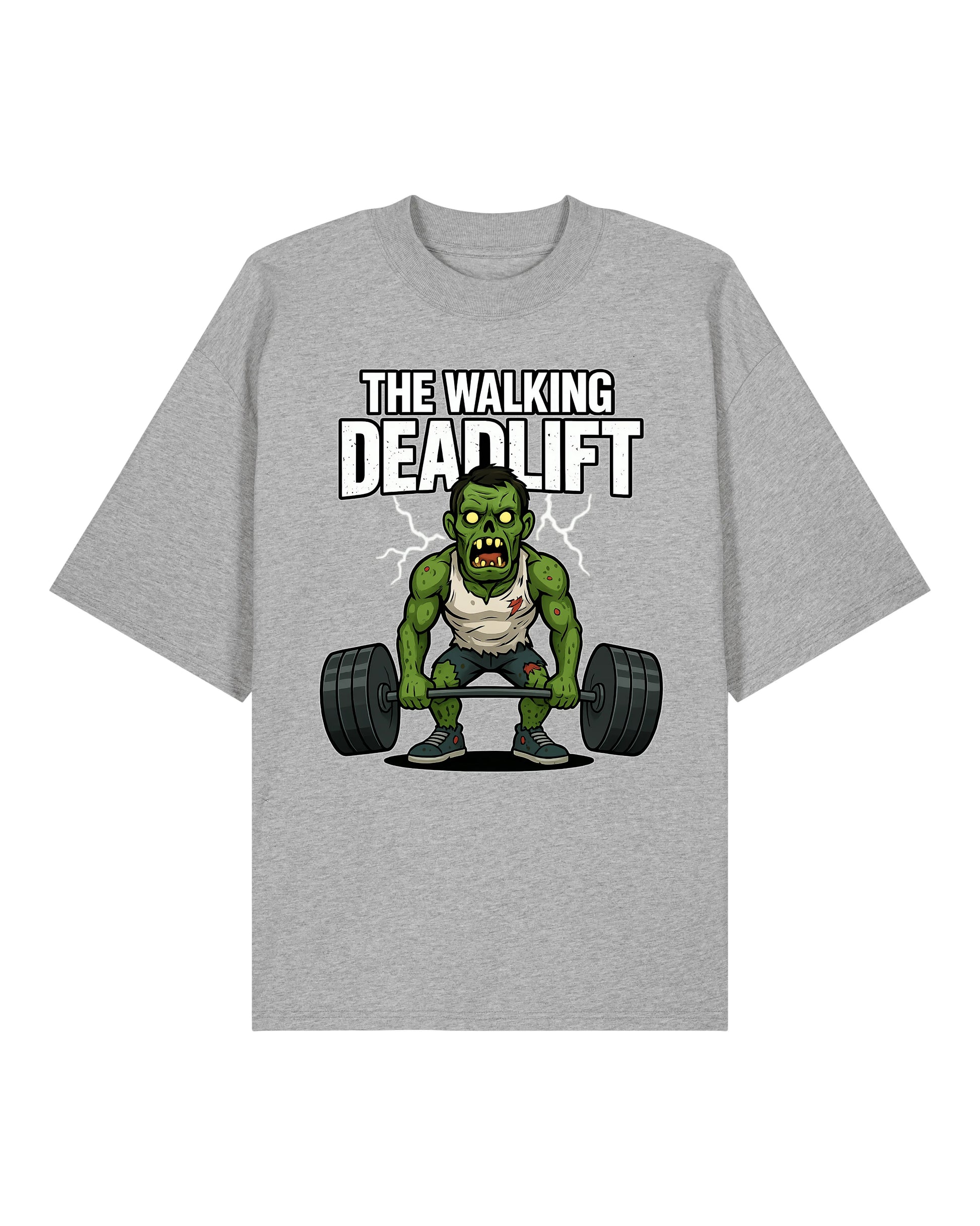 Oversized Gym Shirt „The Walking Deadlift“ in Grau – Pump Cover T-Shirt von Teeflix, 100% Bio-Baumwolle für Training & Bodybuilding