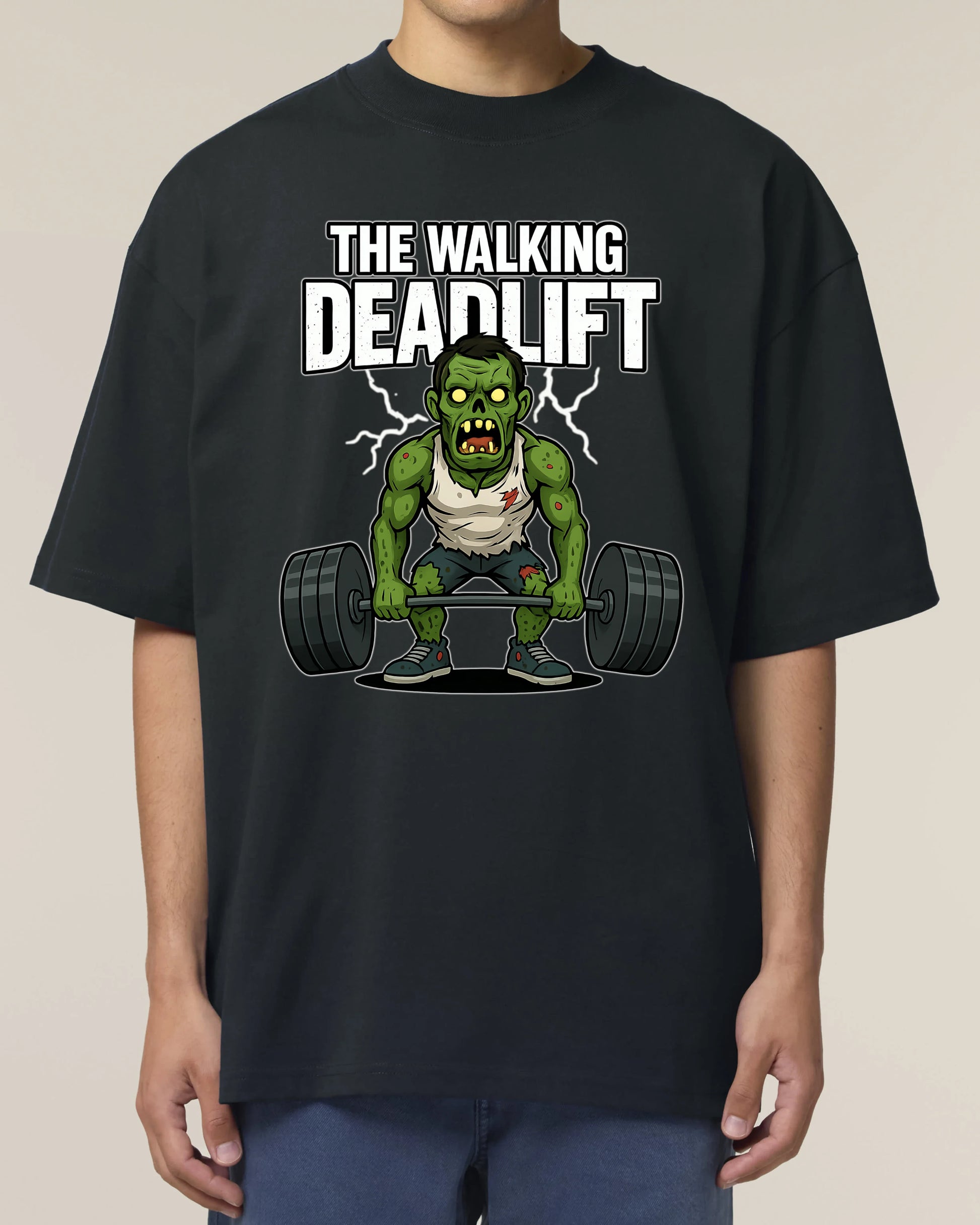 Oversized Gym Shirt „The Walking Deadlift“ in Schwarz – Pump Cover T-Shirt von Teeflix, 100% Bio-Baumwolle, Gym Shirt Herren & Damen